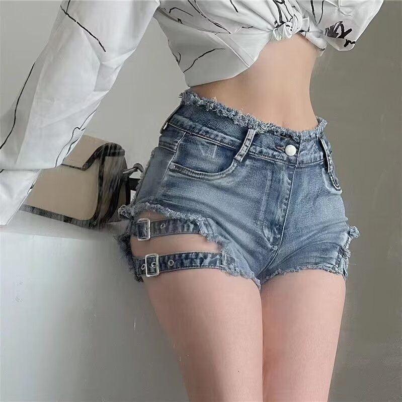 High Waisted Denim Shorts for Women Hollowed out Lace up Slimming Distressed Frayed Edges American Retro Hot Girl Tight Fitting Summer_mkmklike.com