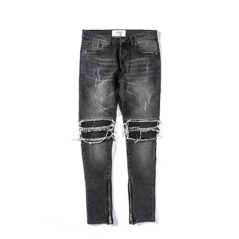 Men's Black And Blue High Street Motorcycle Patchwork Jeans Denim Fashion Casual Trousers_mkmklike.com