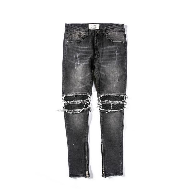 Men's Black And Blue High Street Motorcycle Patchwork Jeans Denim Fashion Casual Trousers_mkmklike.com