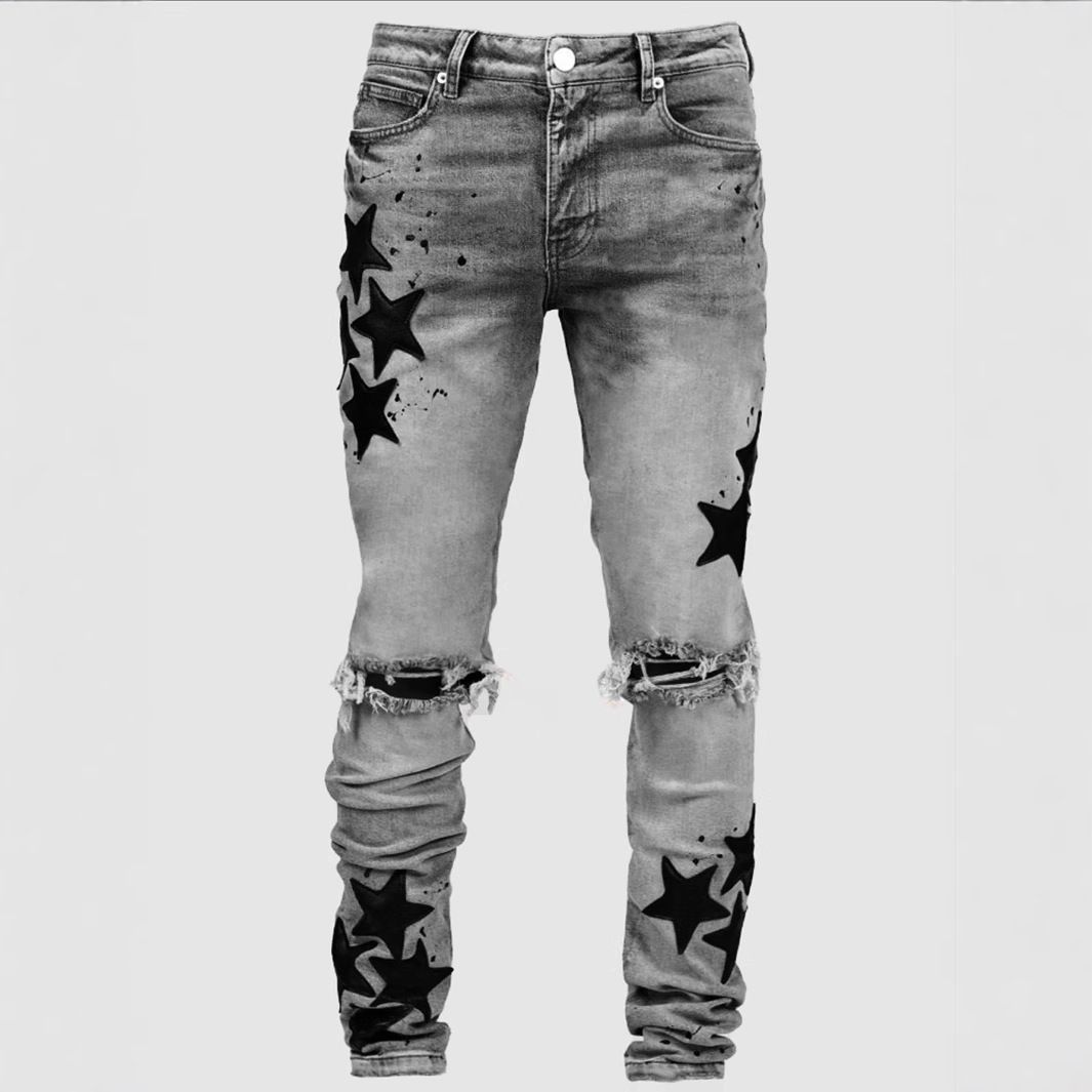 K New Star Patterned Fashionable High Street Denim Pants For Men, Slim Fit, Elastic And Handsome Pants_mkmklike.com