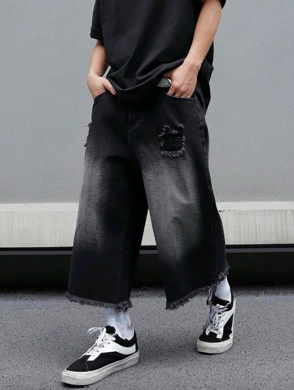 Men's Clothing American Retro Washed Frayed Distressed Denim Shorts Gradient Distressed Summer Trendy Loose Capri Pants_mkmklike.com