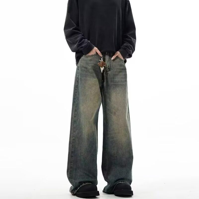 Men's American Retro High Street Loose Straight Leg Jeans Trendy Cleanfit Wide Leg Trousers For Spring Floor Length_mkmklike.com