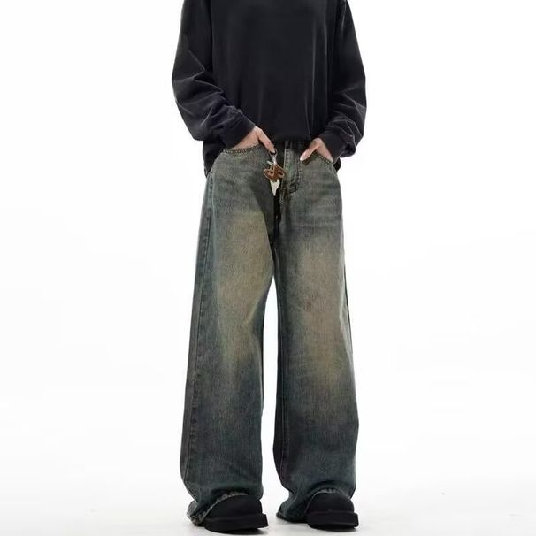 Men's American Retro High Street Loose Straight Leg Jeans Trendy Cleanfit Wide Leg Trousers For Spring Floor Length_mkmklike.com