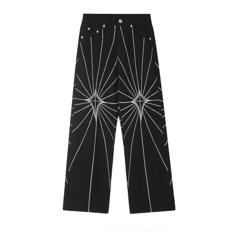 Men's Spider Web Embroidered Straight Leg Denim Jeans - Bluish & Black Options, Sizes M To XXXL_mkmklike.com