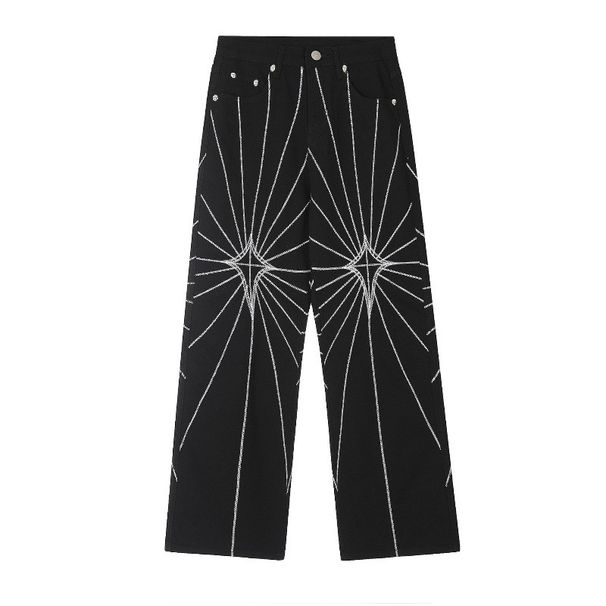 Men's Spider Web Embroidered Straight Leg Denim Jeans - Bluish & Black Options, Sizes M To XXXL_mkmklike.com