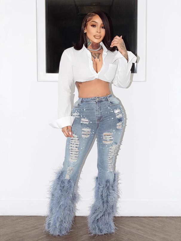 Women's High-Waisted Stretch Jeans - Vintage-Inspired Pearl & Feather Embellished Denim Pants, Comfortable Straight Leg Jeans For Casual & Streetwear_mkmklike.com