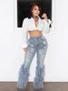 Women's High-Waisted Stretch Jeans - Vintage-Inspired Pearl & Feather Embellished Denim Pants, Comfortable Straight Leg Jeans For Casual & Streetwear_mkmklike.com