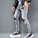 Perforated Solid Color Small Foot Elastic Men's Slim Fit Denim Selfie_mkmklike.com