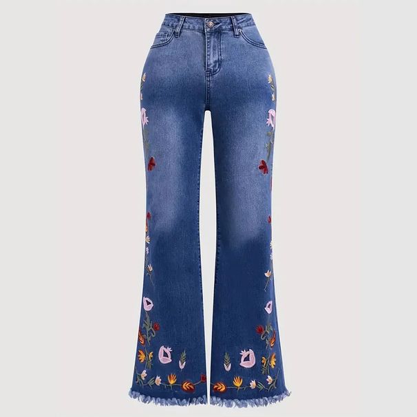 High-Waisted Retro Dark Blue Embroidered Flared Jeans Floor-Length Pants All Seasons Women's Cross-Border Style_mkmklike.com