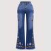High-Waisted Retro Dark Blue Embroidered Flared Jeans Floor-Length Pants All Seasons Women's Cross-Border Style_mkmklike.com