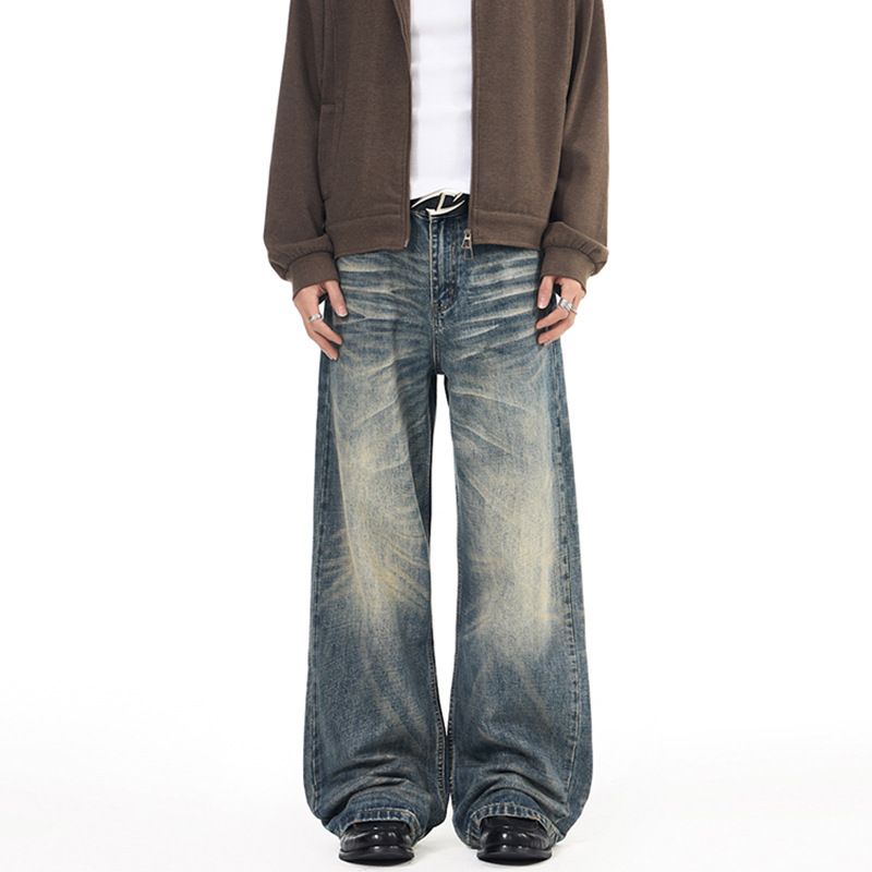 LKTM Men's Retro Washed Distressed Whiskered Loose Fit Jeans Unisex Vintage Style_mkmklike.com