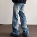 Men's Cracked Wash Denim Jeans - Vintage Blue Straight-Leg Bootcut Pants (Light Blue, S-XXL)_mkmklike.com
