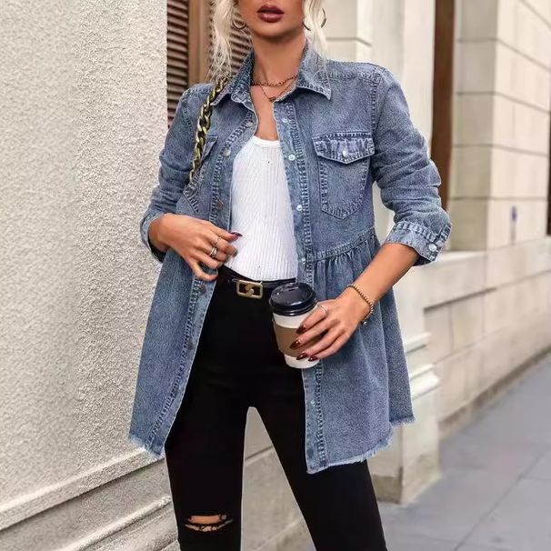 Women's Clothing Long Sleeved Raw Edge Denim Shirt Tops Women's Denim Jacket_mkmklike.com