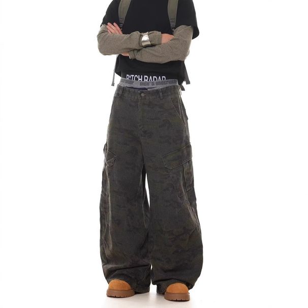 Men's Retro Camo Cargo Jeans - Military-Inspired Baggy Pants With Multi-Pockets, Straight Cut & Distressed Wash_mkmklike.com