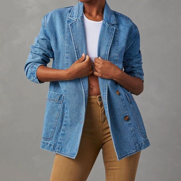 Trendy Washed Denim Blazer For Women – Oversized Boyfriend Jacket With Notched Lapel, Street Style Blue Blazer_mkmklike.com