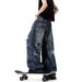 Dirty Dyed Ripped Jeans Men's Straight Loose Wide Legs American High Street Pants Trendy Brand Ruffian Handsome Beggar Design Trousers_mkmklike.com