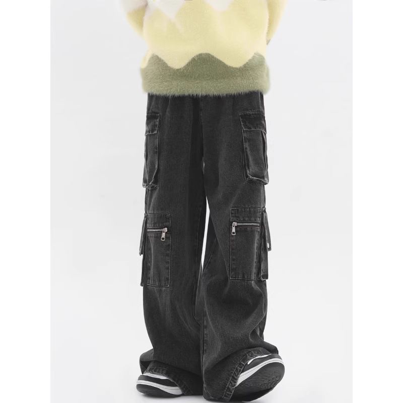 Men's Straight Leg Loose Fit Cargo Jeans Multi Pocket High Street Style Trendy Cool Design Long Pants_mkmklike.com