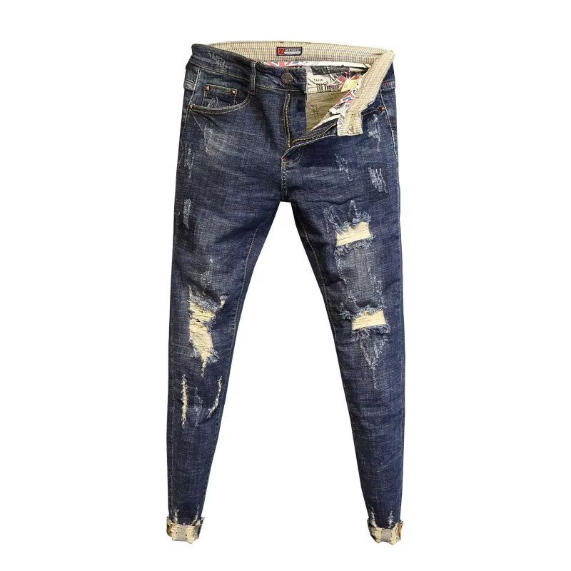 Fashion Brand Personality Men Nine Holes Jeans Korean Version Slim Slim Pant Spirit Boy With Pants_mkmklike.com