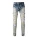 Men's Clothing European And American Ins Same Style Cat Whisker Wrinkled Patchwork Leather Patch Hole Elastic Slim Fit Skinny Jeans Jeans_mkmklike.com