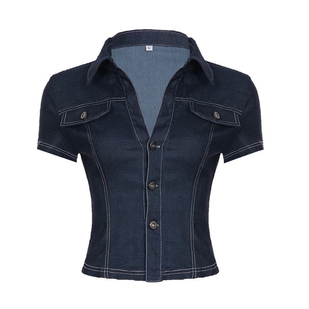 American Street Style Personalized Spice Girl Tooling Imitation Denim Shirt V-lapel Three-button Cardigan Casual Top_mkmklike.com