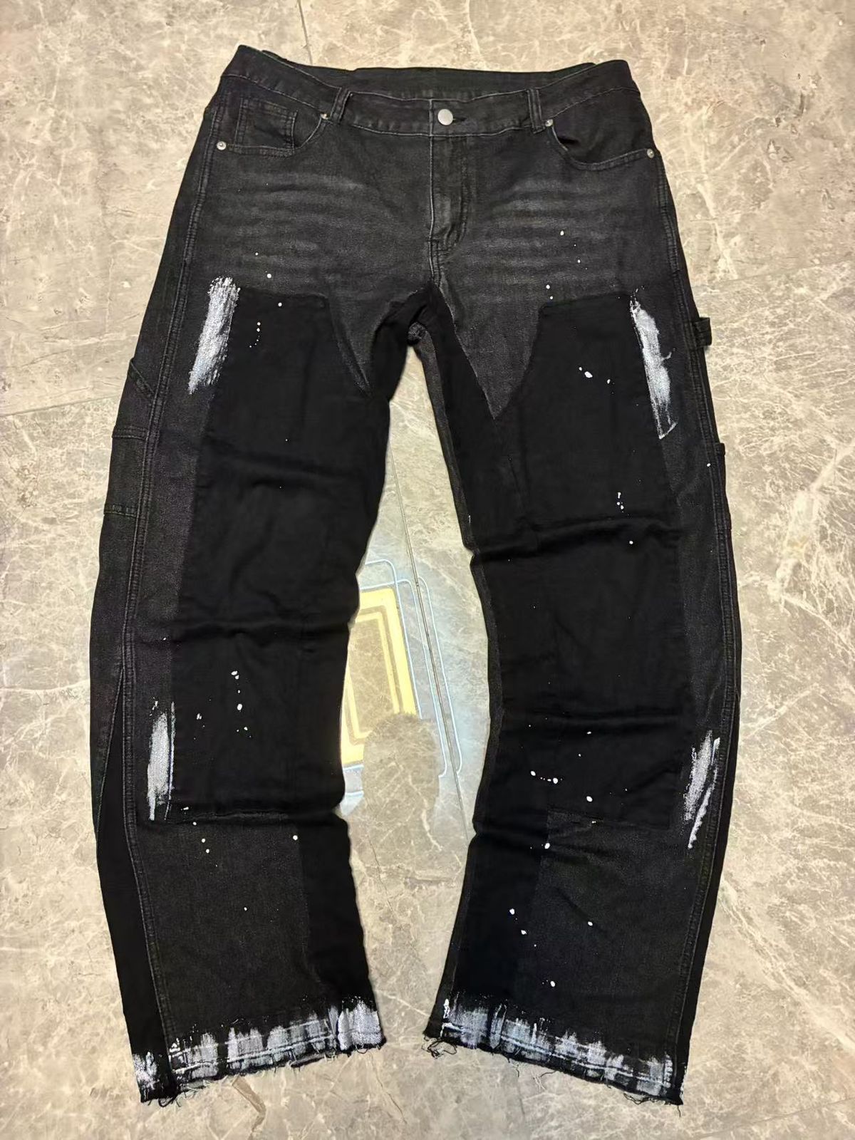 Men's Clothing Men's Denim Cargo Pants, European And American Fashion, Popular On Instagram Style, Stretch Patch Denim Layered Flared Pants 02_mkmklike.com