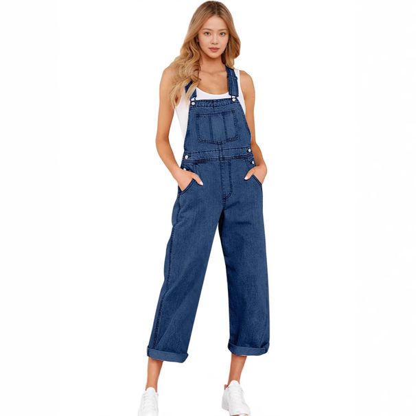 Women's Clothing Plus Size Denim Overalls For Women - Relaxed Fit High Waist Wide Leg Bib Overalls In Light & Dark Blue_mkmklike.com