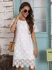 Women'sNew Solid Color Short Sleeve Dress Women's Round Neck Hollow Lace Dress A-Line Dress_mkmklike.com
