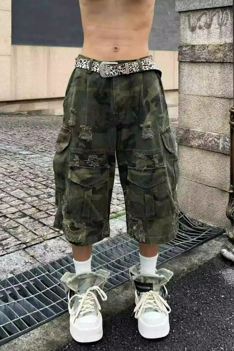 Men's Clothing High Street Camouflage Capri Jeans Trendy Washed Distressed Loose Fit American Style Ripped Workwear For Men And Women_mkmklike.com