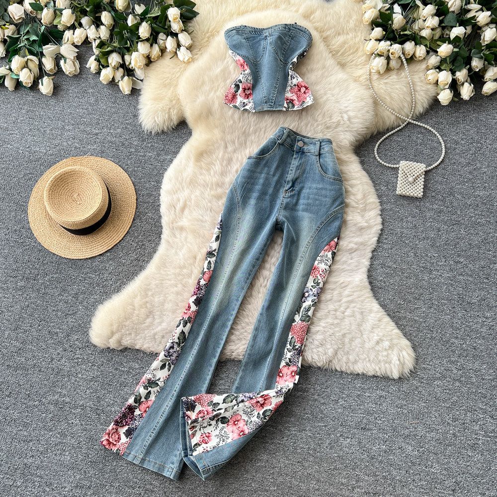 Women's Clothing Women's Retro Floral Embroidered Denim Jeans Summer Slim Fit Two Piece Set Stylish Elegant_mkmklike.com