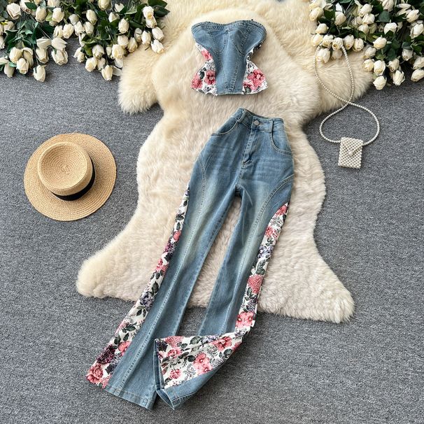 Women's Clothing Women's Retro Floral Embroidered Denim Jeans Summer Slim Fit Two Piece Set Stylish Elegant_mkmklike.com