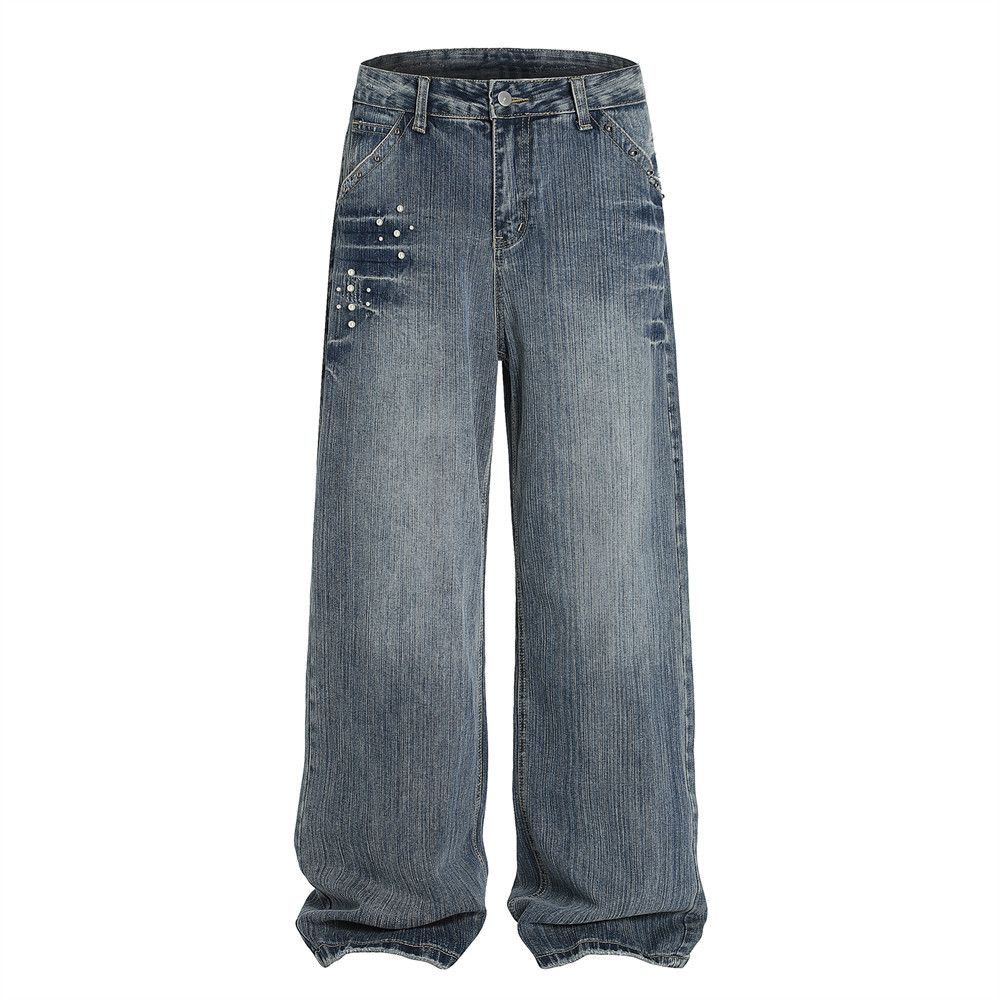 Trendy Brand Beaded Straight-Leg Jeans For Men American High Street Ins Loose Niche Washed Faded Wide-Leg Long Pants_mkmklike.com