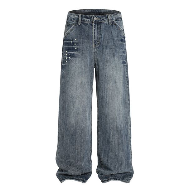 Trendy Brand Beaded Straight-Leg Jeans For Men American High Street Ins Loose Niche Washed Faded Wide-Leg Long Pants_mkmklike.com
