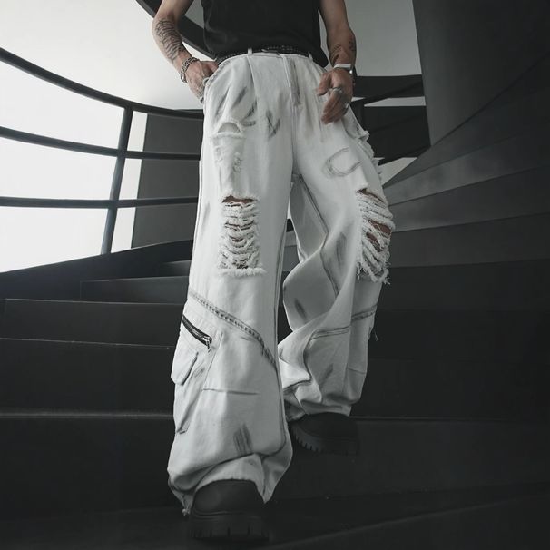 Men's Clothing High Street Work Jeans Men's Ripped Trousers Punk Washed Old Retro Mopping Hip Hop Wide Leg Pants_mkmklike.com