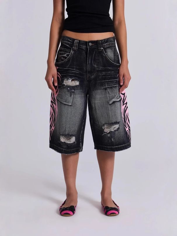 Vintage Washed Denim Pants With American Retro Prints - Loose Fit High Waist Jeans For Women (Black/Gray)_mkmklike.com