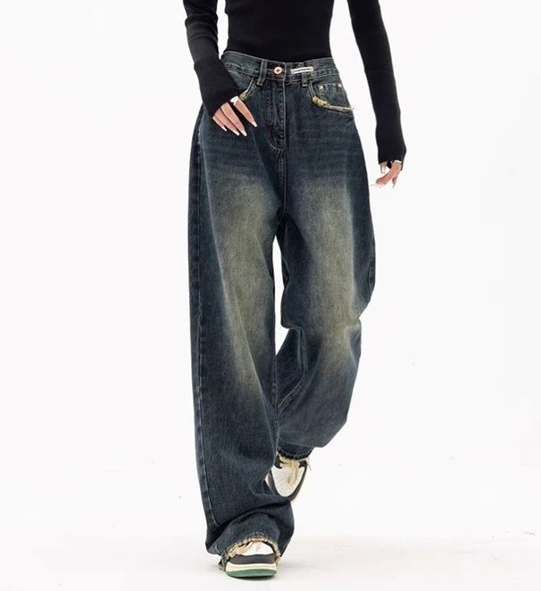 High-Waisted Loose Fit Jeans – Vintage Washed Denim For Effortless Street Style_mkmklike.com