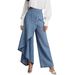 Women's Loose Casual Fashionable Denim Pants Button Down Long Hem Solid Color Genuine New_mkmklike.com