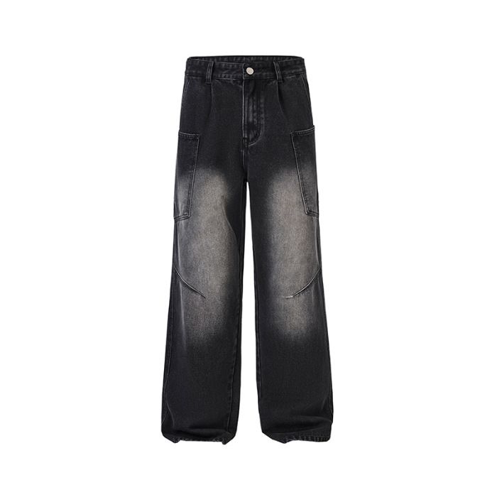 Men's Retro Multi-Pocket Straight Leg Jeans Loose Fit Cleanfit Cargo Pants Trendy Mid Waist Cotton Long Black Blue_mkmklike.com