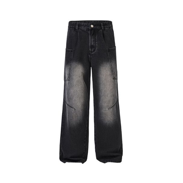 Men's Retro Multi-Pocket Straight Leg Jeans Loose Fit Cleanfit Cargo Pants Trendy Mid Waist Cotton Long Black Blue_mkmklike.com