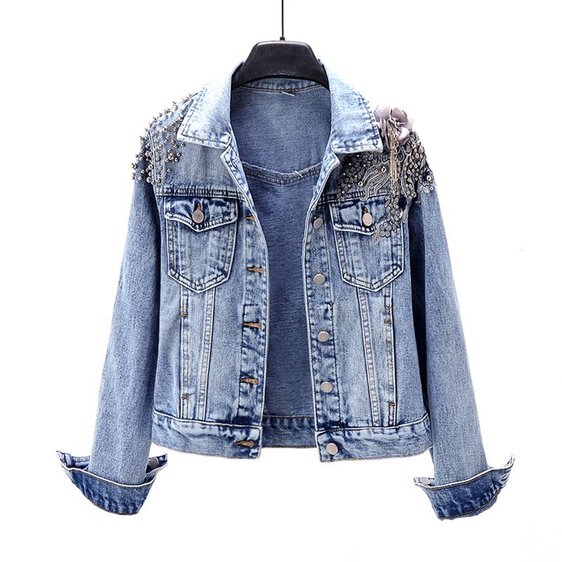Women’s Embroidered Denim Jacket – Korean Style Beaded Flower Long Sleeve Coat, Vintage Distressed Blue Jean Jacket (S/M/L/XL/XXL/XXXL)_mkmklike.com