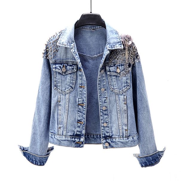 Women’s Embroidered Denim Jacket – Korean Style Beaded Flower Long Sleeve Coat, Vintage Distressed Blue Jean Jacket (S/M/L/XL/XXL/XXXL)_mkmklike.com