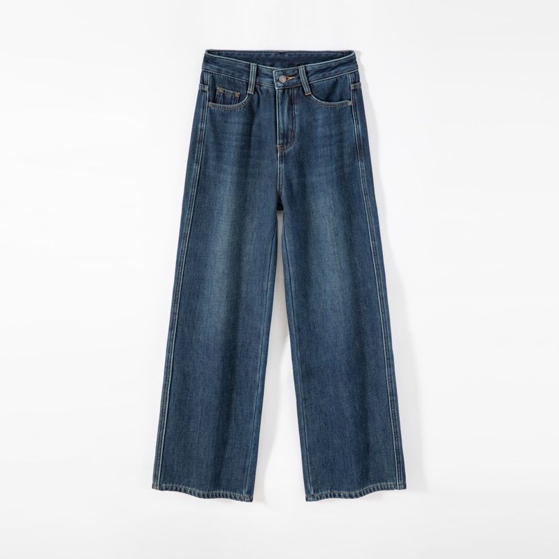 Women's Fleece-lined Thickened Jeans, High-waisted, Warm For Winter, American Style, Smoky Blue, Slim-fit Wide-leg Pants_mkmklike.com