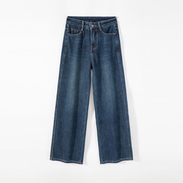 Women's Fleece-lined Thickened Jeans, High-waisted, Warm For Winter, American Style, Smoky Blue, Slim-fit Wide-leg Pants_mkmklike.com