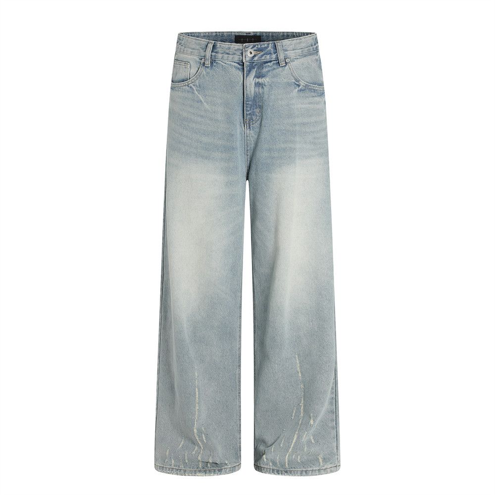 Distressed Washed Jeans For Men Street Style Versatile Loose Wide-Leg Dad Scratched Frayed Straight Long Pants_mkmklike.com