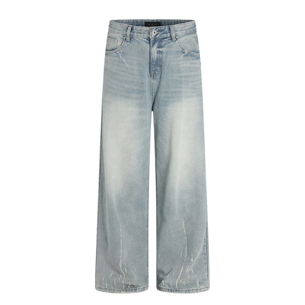 Distressed Washed Jeans For Men Street Style Versatile Loose Wide-Leg Dad Scratched Frayed Straight Long Pants_mkmklike.com