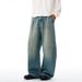 American Style Washed Vintage Scimitar Jeans For Men, Trendy High Street Pleated Loose Wide-Leg Pants_mkmklike.com