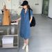 ELLE ELLE Denim For Women Spring Autumn Dark Blue Shirt 2021 New Trendy Korean Style Loose Casual Dress Summer_mkmklike.com