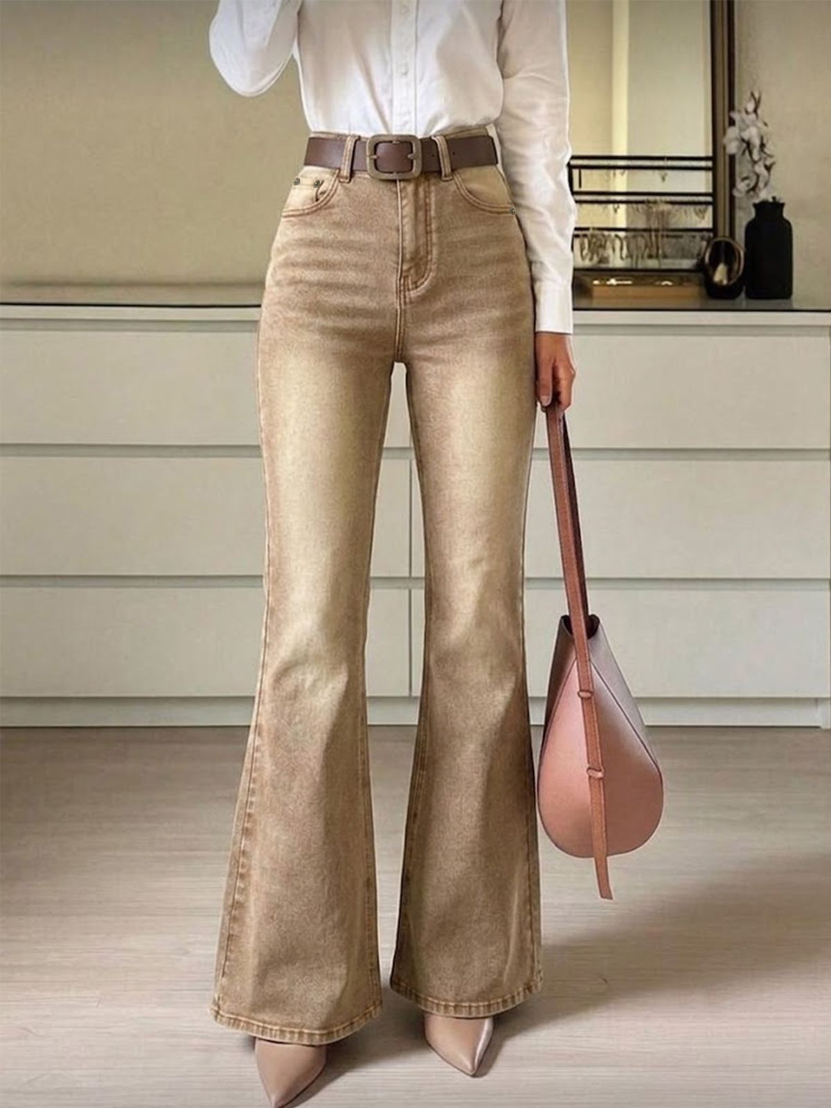 Women's High-Waisted Slimming Khaki Flare Jeans Distressed Washed Long Pants American Retro Style_mkmklike.com