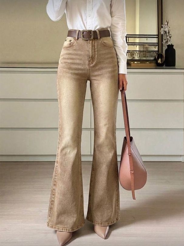 Women's High-Waisted Slimming Khaki Flare Jeans Distressed Washed Long Pants American Retro Style_mkmklike.com