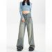 American Retro Distressed Cement Yellow Wide-leg Jeans For Women, New 2025 Model, High-waisted, Loose, Slimming, Drapey_mkmklike.com