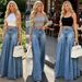 Women's Casual Jeans, New Women's Fashion Washed Pleated Wide Leg Pants_mkmklike.com